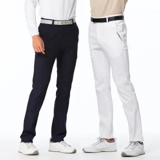 【Lynx Golf】男款彈性舒適防風防潑水腰圍質感壓紋織帶造型平口窄管休閒長褲(二色)