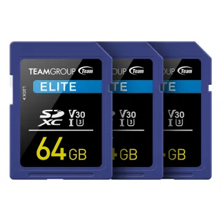 【TEAM 十銓】3入組- Elite SDXC 64GB UHS-I U3 V30 4K 記憶卡(支援4K UHD攝錄影+終身保固)