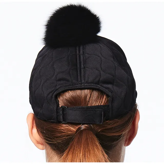 【Lynx Golf】女款日本進口布料花紋造型遮陽時尚毛球帽馬球帽可調節式球帽(黑色)