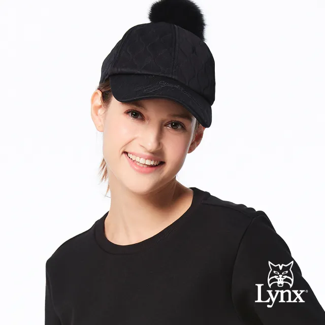 【Lynx Golf】女款日本進口布料花紋造型遮陽時尚毛球帽馬球帽可調節式球帽(黑色)