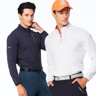 【Lynx Golf】男款合身版吸排抗UV素面造型貼膜設計夜光織帶長袖立領POLO衫(二色)