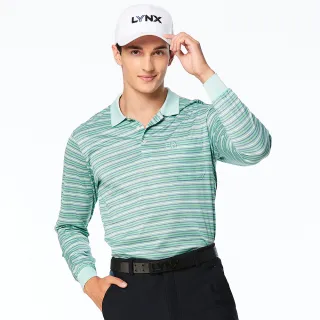 【Lynx Golf】男款歐洲進口布料純棉絲光藍綠白條紋紋路胸袋款長袖POLO衫(綠色)