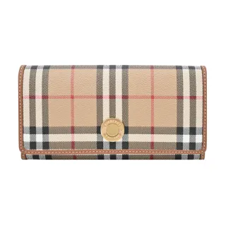 【BURBERRY 巴寶莉】浮雕LOGO格紋翻蓋長夾(卡其)