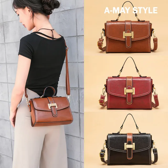 【Amay Style 艾美時尚】現貨 女包 側背包 機車包 復古油蠟皮手提肩背方包(3色)