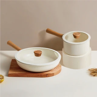 【ONE HOUSE】日式櫸木柄陶瓷不沾鍋-二件組 18CM奶鍋+28CM炒鍋(1組)
