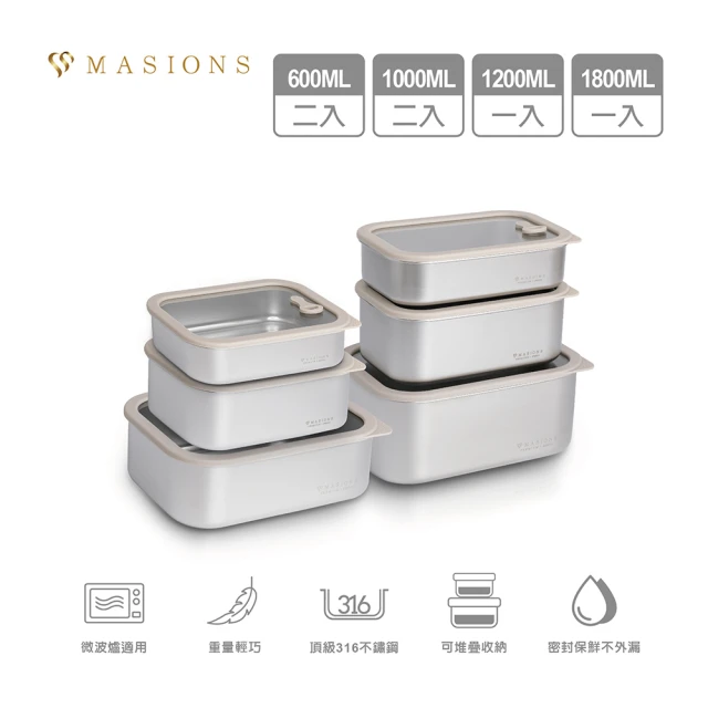 MASIONS 美心MASIONS 美心 PREMIUM 可微波 皇家316不鏽鋼矽膠玻璃蓋抗菌保鮮盒(大容量豪華6件組)