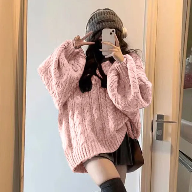 【D.studio】韓版慵懶風復古V領寬鬆麻花毛衣(衣裙連身裙套裝長版上衣女裝衣服針織上衣長袖上衣W396)