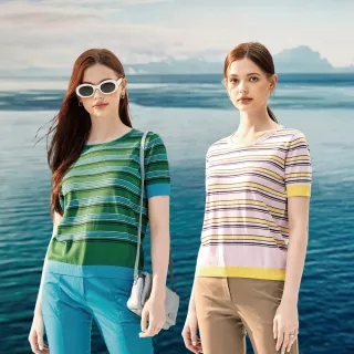 【MYSHEROS 蜜雪兒】針織上衣 圓領條紋 棉質縮腰撞色(綠/粉)