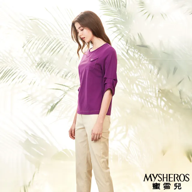 【MYSHEROS 蜜雪兒】絲光棉上衣 圓領 高質感抽褶袖 小口袋造型(紫)