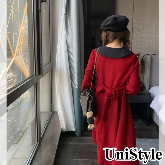 【UniStyle】現貨 娃娃領長袖洋裝 撞色復古風 女 ZMC372-8016(紅)