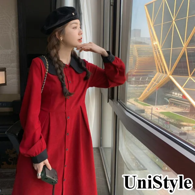 【UniStyle】現貨 娃娃領長袖洋裝 撞色復古風 女 ZMC372-8016(紅)