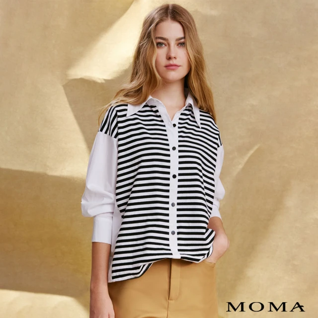 MOMA Oversize萊賽爾襯衫條紋拼接襯衫(白色)