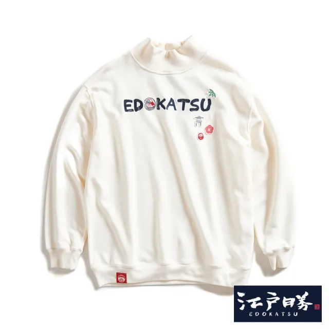 【EDWIN】江戶勝 女裝 經典和柄花紋刺繡貼布高領厚長袖T恤(淺卡其)
