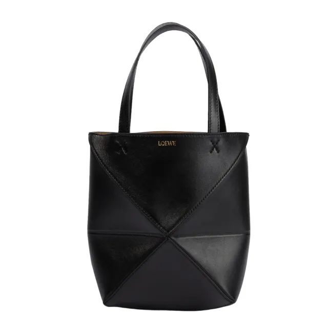 【LOEWE 羅威】Mini Puzzle Fold Tote 迷你 亮面小牛皮 折疊 托特包 肩背包 黑色
