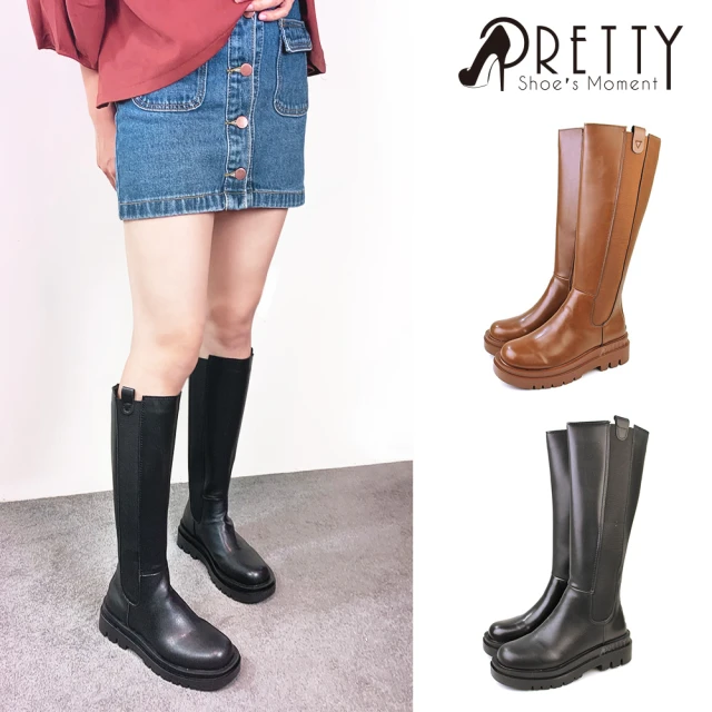 PrettyPretty 女鞋 切爾西 長靴 馬靴 騎士靴 工程靴 厚底 韓國 素面(棕色、黑色)