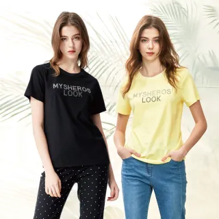 【MYSHEROS 蜜雪兒】休閒上衣 圓領素色 Logo亮鑽(黑/黃)