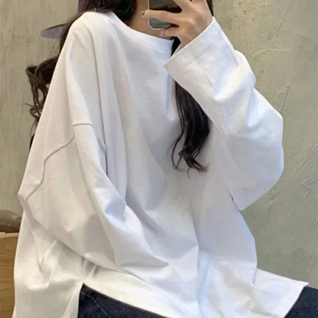 【D.studio】韓版開叉素色寬鬆長袖上衣(女裝 衣服 寬鬆上衣 顯瘦上衣 長袖t恤 冬裝 素T W185)