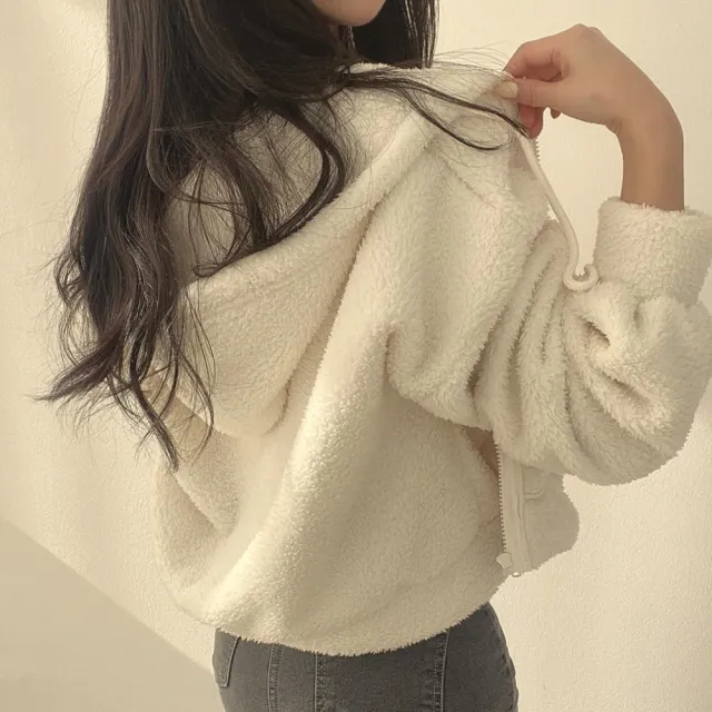 【D.studio】韓版顯瘦加厚保暖短版連帽外套(毛毛外套 上衣 女裝 衣服 外套 長袖上衣 毛衣 J180)