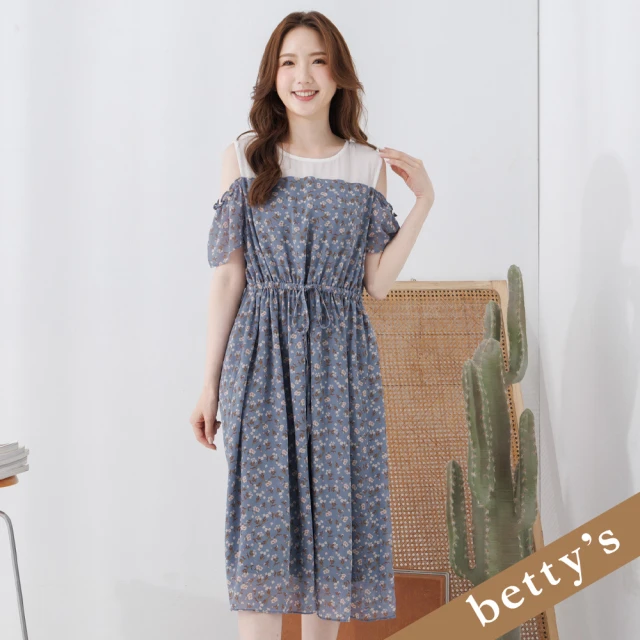 betty’s 貝蒂思 小碎花露肩長洋裝(深藍色)