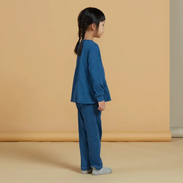 【YVONNE 以旺傢飾】童裝｜恐龍印花荷葉下擺長袖上衣(普魯士藍)