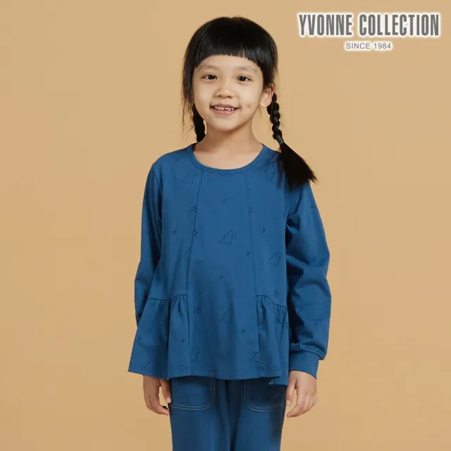 【YVONNE 以旺傢飾】童裝｜恐龍印花荷葉下擺長袖上衣(普魯士藍)