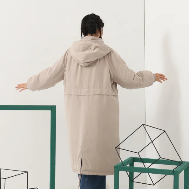 【MOSS CLUB】微笑開關印花長版間棉長袖外套(深藍 杏 咖/魅力商品)