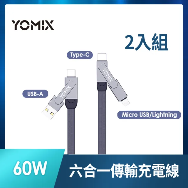 2入組【YOMIX 優迷】PD 60W Type-C 1.5M六合一編織極速傳輸充電線 (支援iphone16快充)