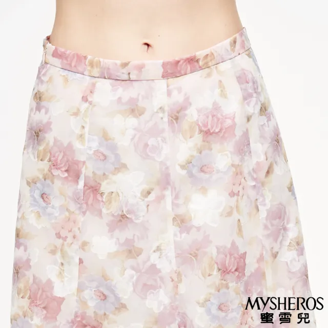 【MYSHEROS 蜜雪兒】雪紡裙 側拉鍊 滿版印花 腰頭無彈性(粉)