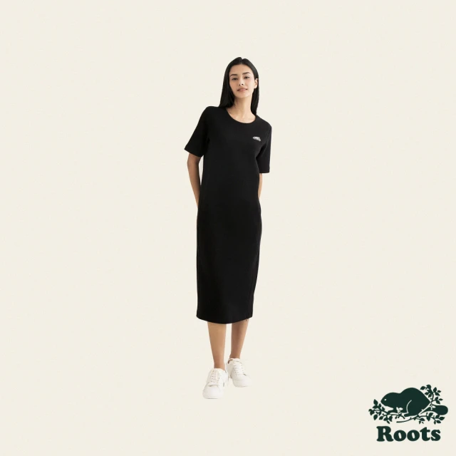 RootsRoots Roots女裝-城市旅者系列 海狸LOGO雙面布長洋裝(黑色)