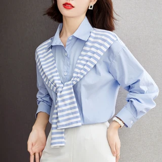 【MsMore】披肩條紋藍色襯衫設計感假兩件雪紡衫短版上衣#118711(藍)