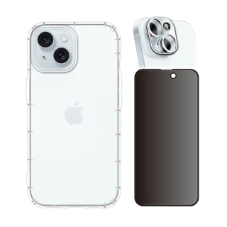 【RedMoon】APPLE iPhone15 Plus 6.7吋 手機殼貼3件組 空壓殼-9H防窺保貼+3D全包鏡頭貼(i15Plus/i15+)