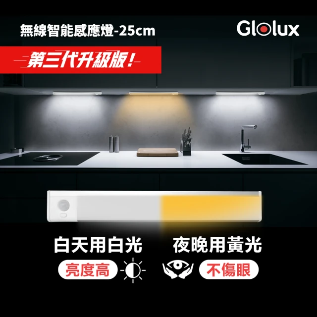 【Glolux】L型多功能USB充電磁吸式LED智能感應燈 緊急照明 小夜燈 25公分(兩色可選/白光/黃光/櫥櫃燈)
