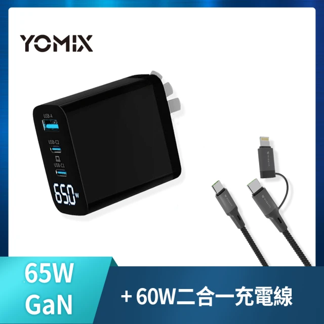 二合一60W線組【YOMIX 優迷】65W GaN氮化鎵三孔電量顯示快充充電器(支援iphone15快充)