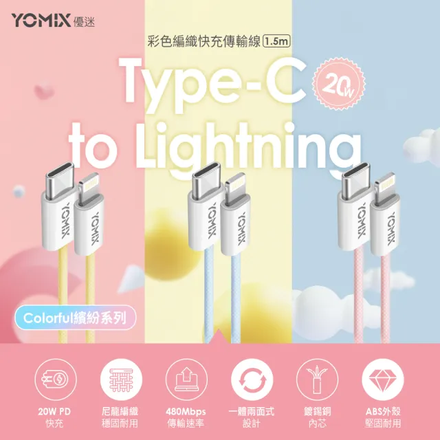 C to L 20W彩色編織線組【YOMIX 優迷】20W 雙孔快充摺疊充電器 (支援 PD/QC3.0)