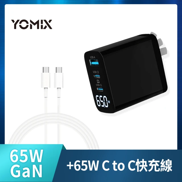 【YOMIX 優迷】65W GaN氮化鎵三孔電量顯示充電器+C to C 65W快充充電線1M(支援iphone15快充)