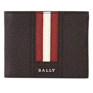 【BALLY】簡約金屬LOGO條紋拼接牛皮窄版6卡短夾(深咖)