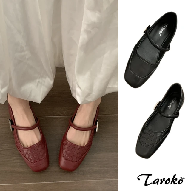Taroko 外出日常編織一字扣尖頭低跟鞋(3色可選)