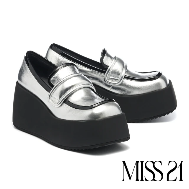 MISS 21 未來甜酷少女牛皮拼接撞色Super高方頭厚底鞋(銀)