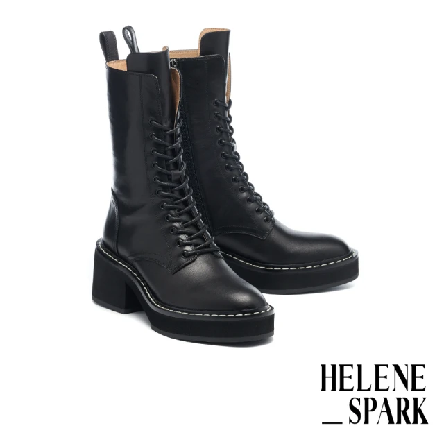 HELENE_SPARK 率性時髦HS拉鍊綁帶全真皮厚底高跟短靴(黑)