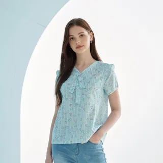 【MYSHEROS 蜜雪兒】棉質上衣 交疊領巾造型領 滿版俏皮幾何圖型 拼接造型袖(淺藍)