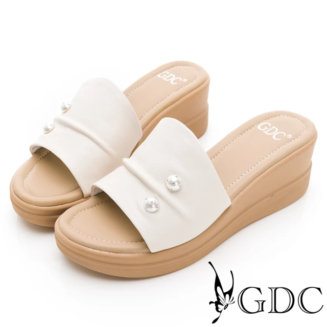 GDC 春夏氣質真珠柔軟真皮楔型厚底拖鞋-米色(312435-10)