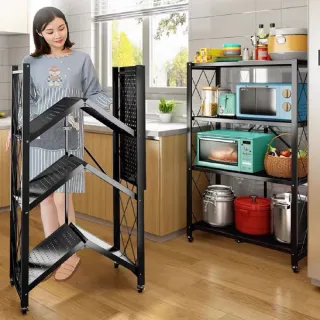 【DaoDi】免安裝四層折疊置物架 摺疊收納架(附滑輪 廚房收納 微波爐置物架)