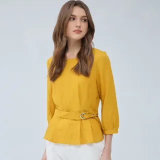 【ILEY 伊蕾】簡約抓摺腰帶短版亞麻上衣(黃色；M-XL；1233021007)