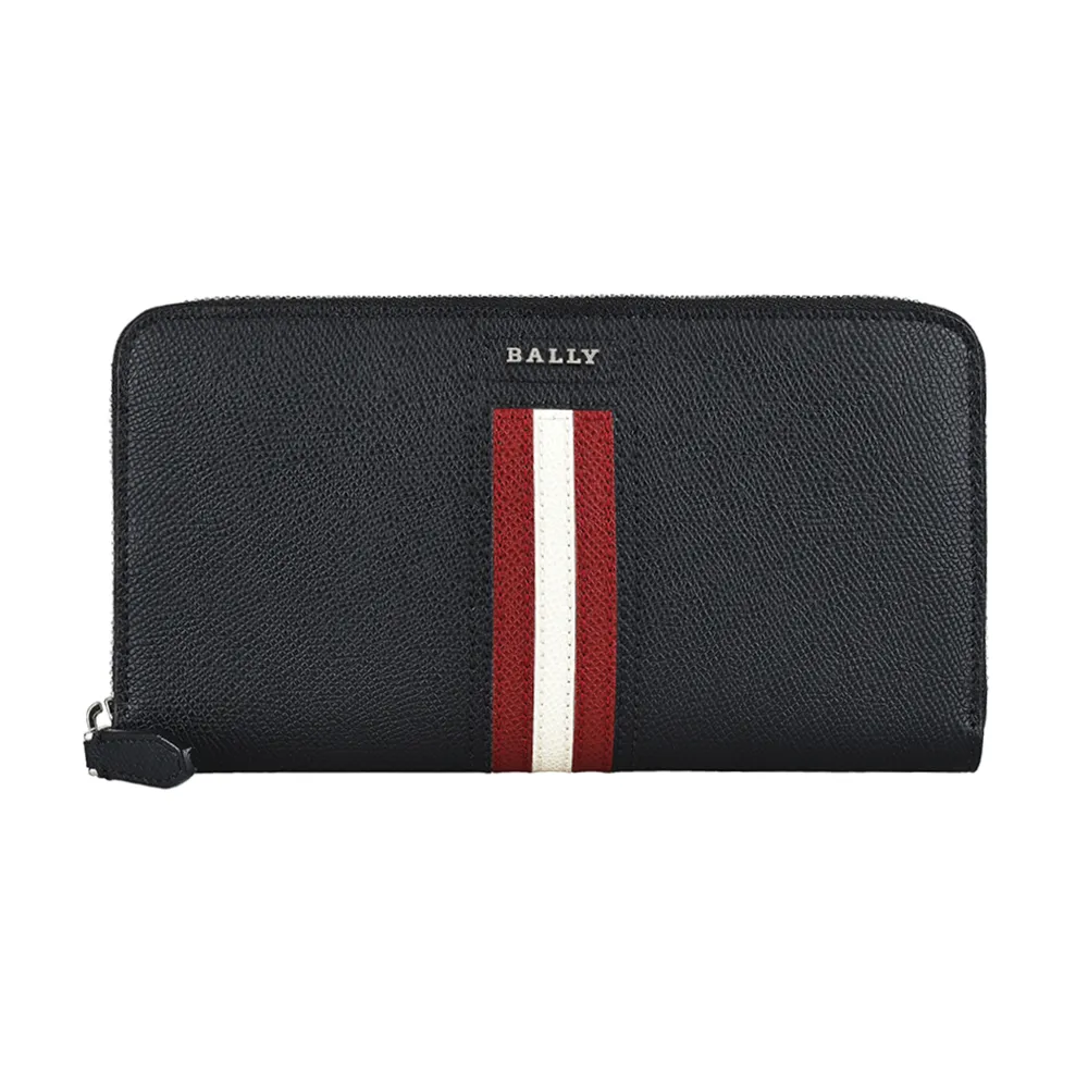 【BALLY】BALLY立體字母LOGO紅白線條防刮牛皮12卡拉鍊長夾(黑x紅白條紋)