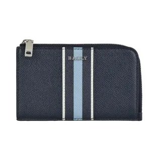 【BALLY】BALLY Bord金屬字母LOGO白藍線條牛皮5卡拉鍊零錢包(午夜藍x白藍條紋)