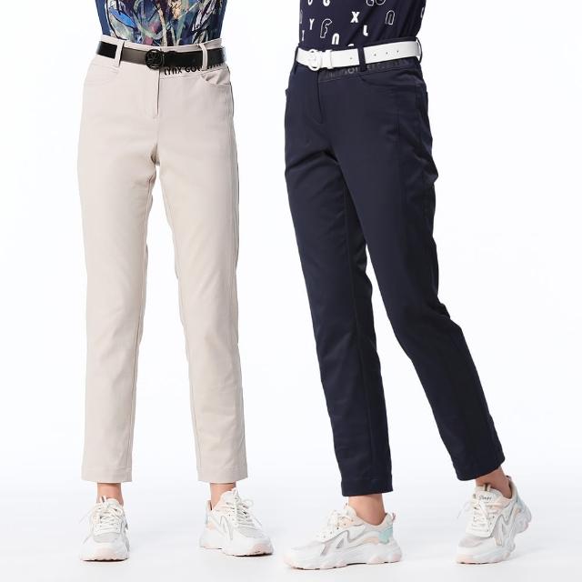 【Lynx Golf】女款日本進口布料彈性吸排速乾脇邊剪裁貓頭繡花造型口袋窄管長褲(二色)