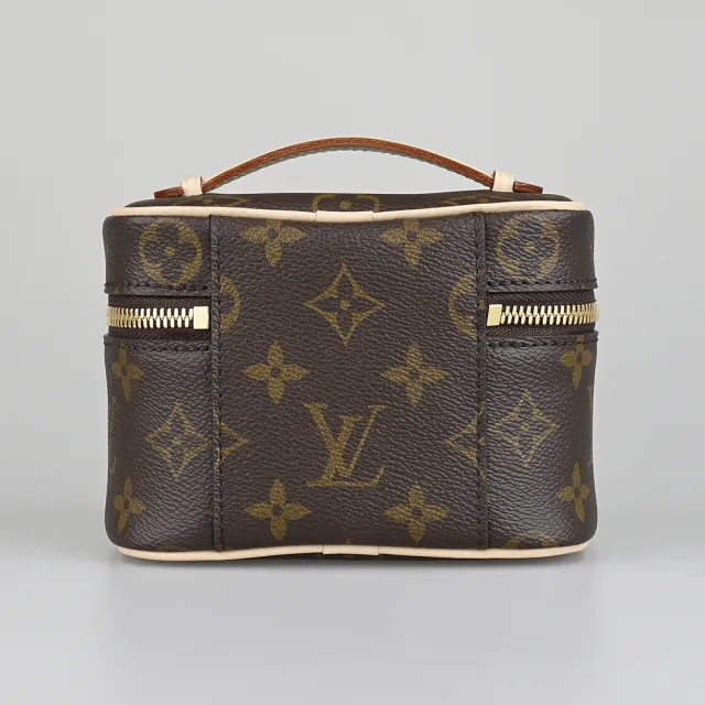 【Louis Vuitton 路易威登】LV Nice Nano印花紋LOGO Monogram帆布雙拉鍊頭手提化妝箱(迷你/棕褐)