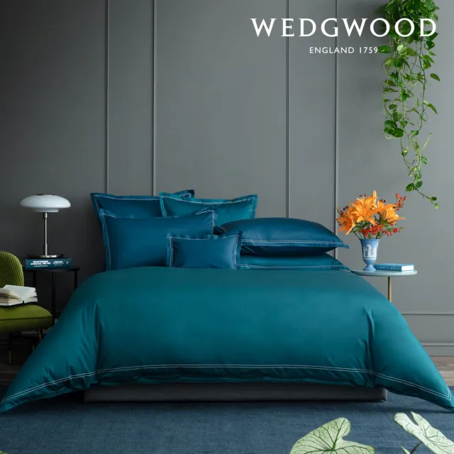 【WEDGWOOD】500織長纖棉Solid Color簡約系列星點繡款 鬆緊床包-雲杉綠(特大)