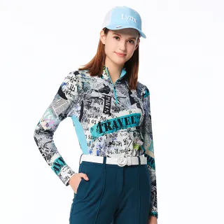 【Lynx Golf】女款歐洲進口布料經典時尚印花造型配布設計長袖立領POLO衫(湖水藍色)