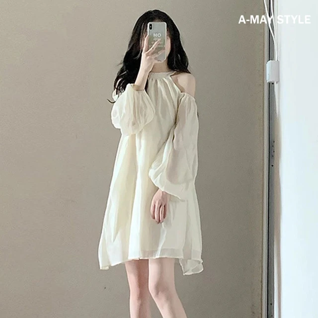 Amay Style 艾美時尚 秋新品 女裝 洋裝 飄逸氣質仙女感露肩短洋裝。S-L(杏.預購)